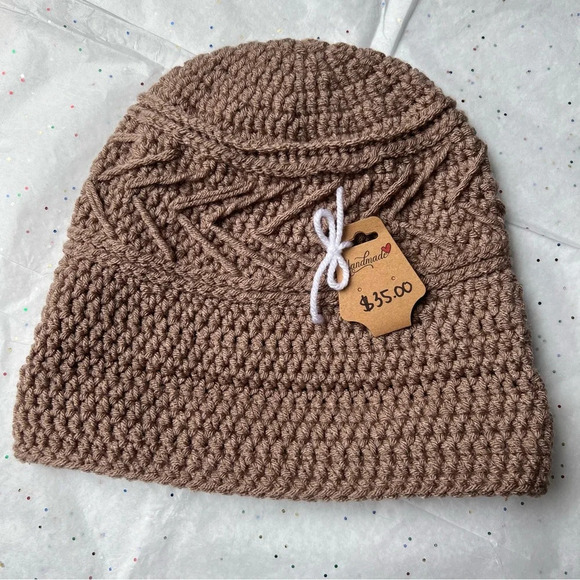 Women’s Crochet Handmade w/ Love Brown Warm Cozy Cold Weather Winter Beanie Hat - Picture 3 of 9